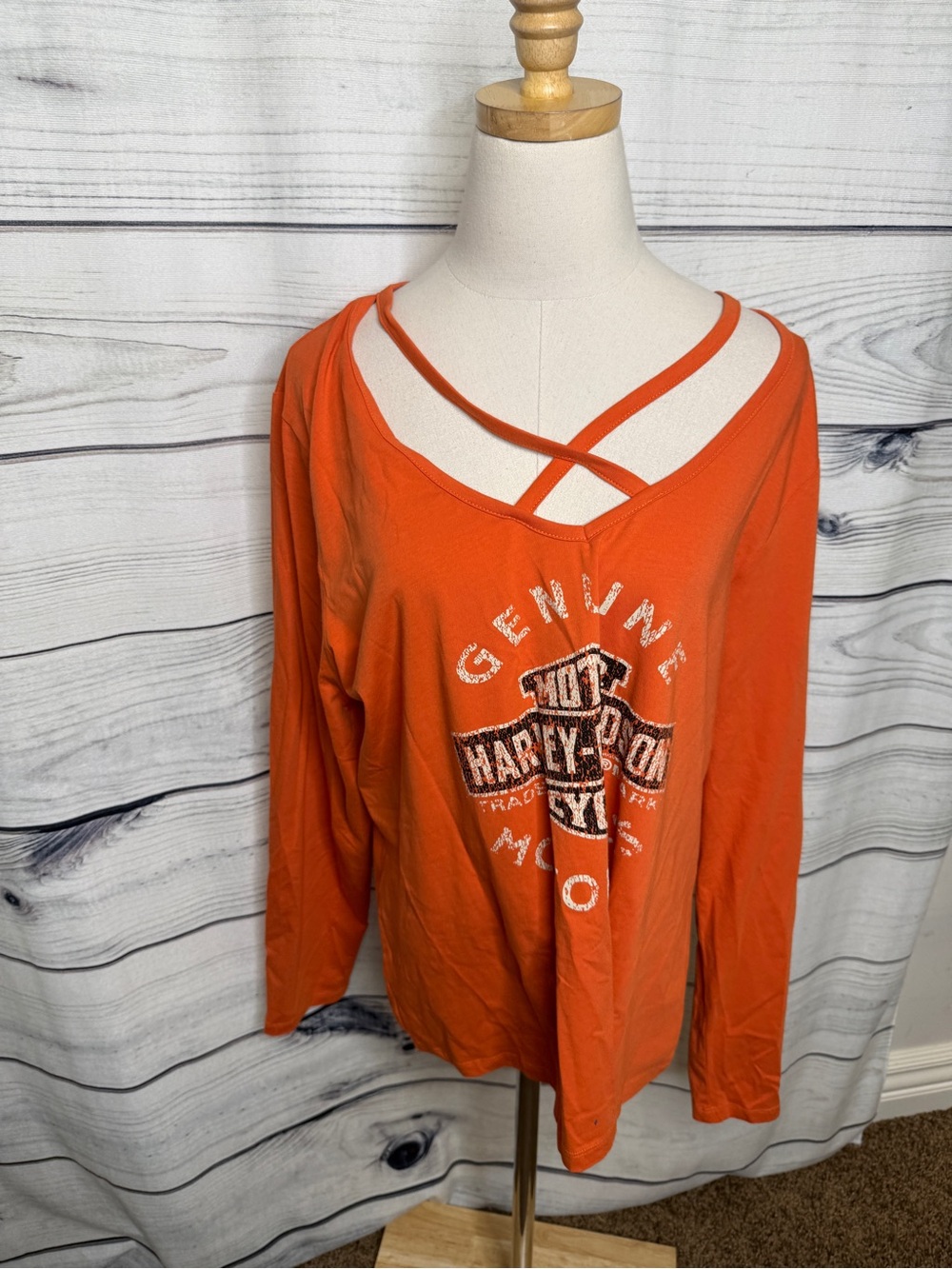 Harley-Davidson Orange Long Sleeve Crisscross V-Neck Logo Top
